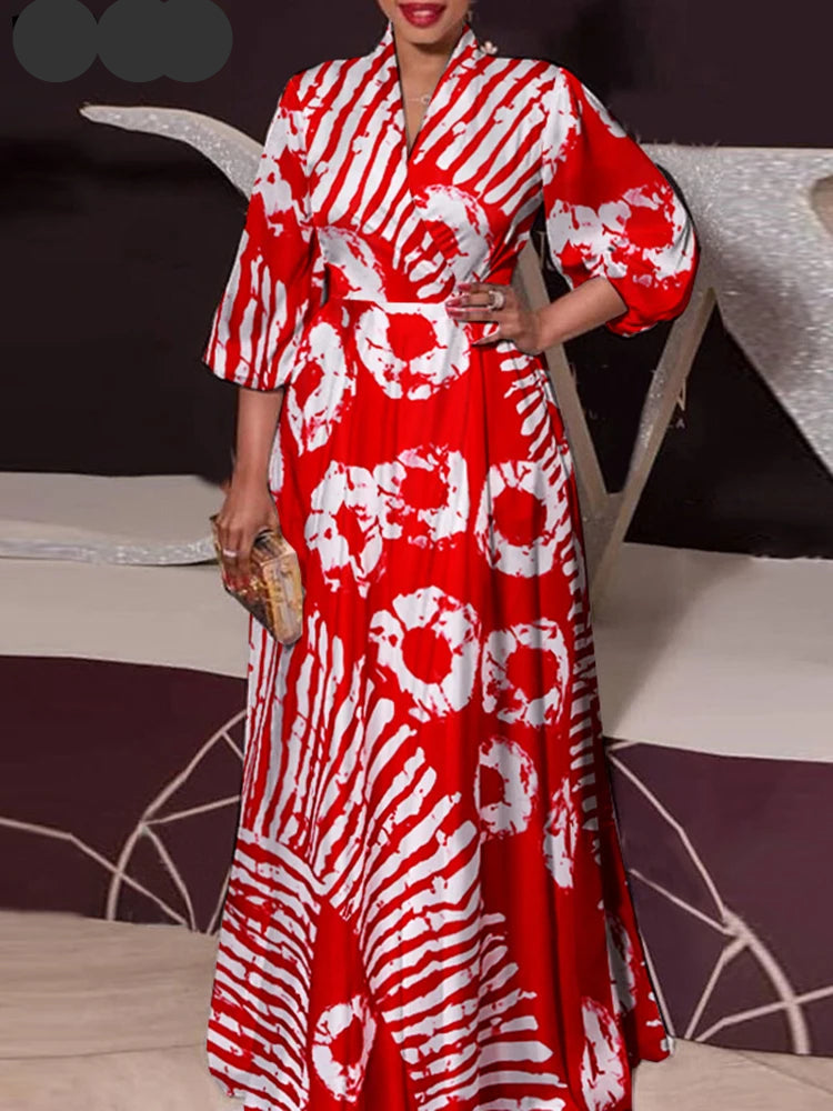 Robe longue imprimée grande taille pour femme, style bohème, élégante, col en V, manches 3/4, style décontracté, collection 2024