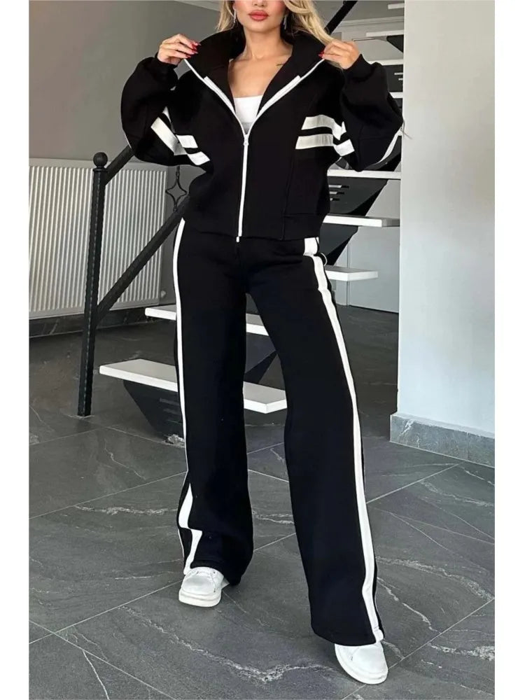 Ensemble deux pièces pour femme, haut rayé à fermeture éclair, veste, cordon de serrage, pantalon large, tenue de sport décontractée, printemps et été