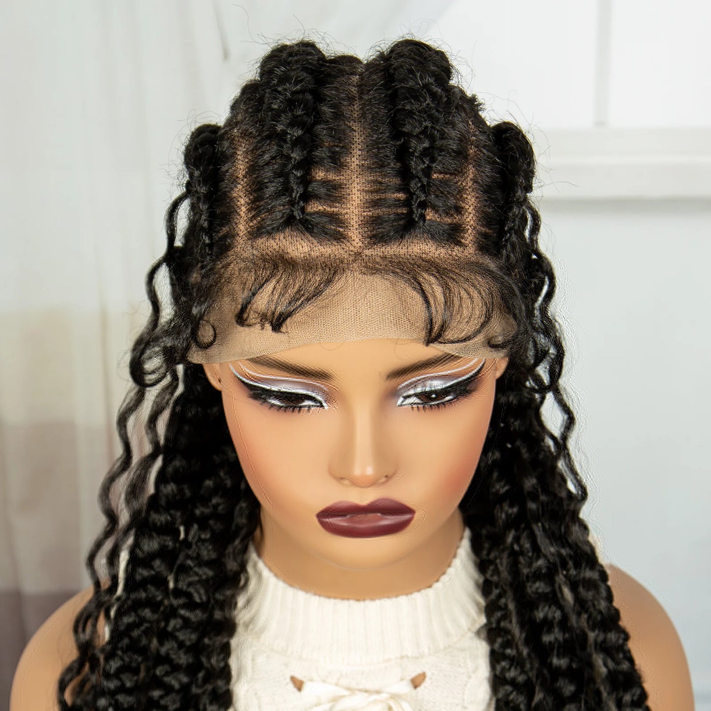 Perruques tressées en tresses de 34 pouces avec extrémités bouclées, perruques synthétiques en dentelle complète, perruque frontale en dentelle tressée pour femmes noires