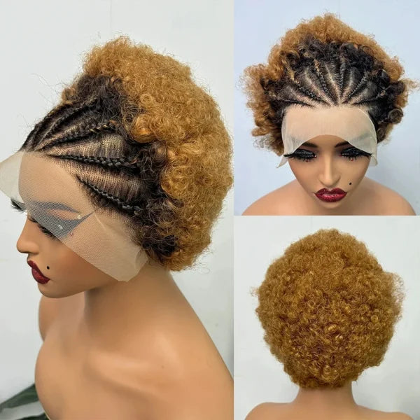 perruque lace frontale brésilienne afro kinky curly tressée color 1b/27 remy rawhair