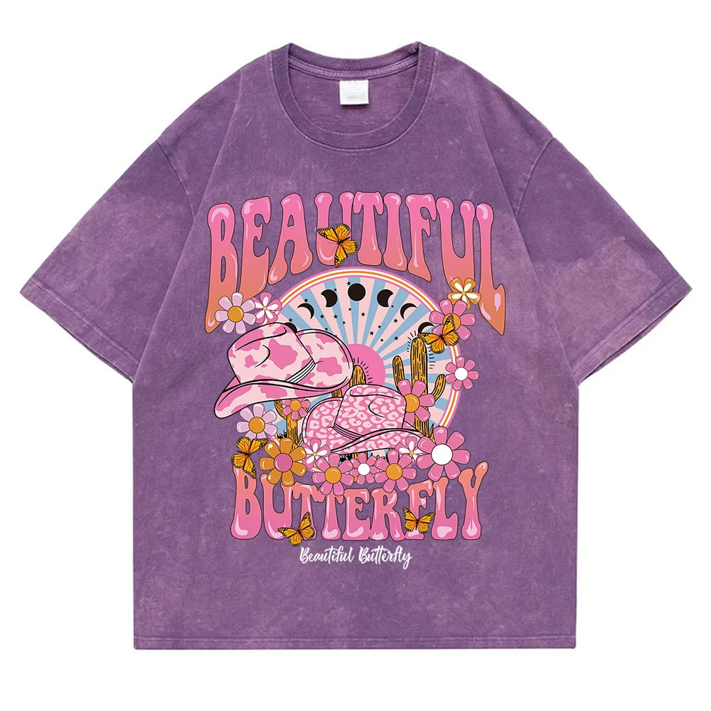 T-shirt ample en coton à manches courtes pour femmes,hommes, vêtement rétro délavé, motif monde magnifique et brillant