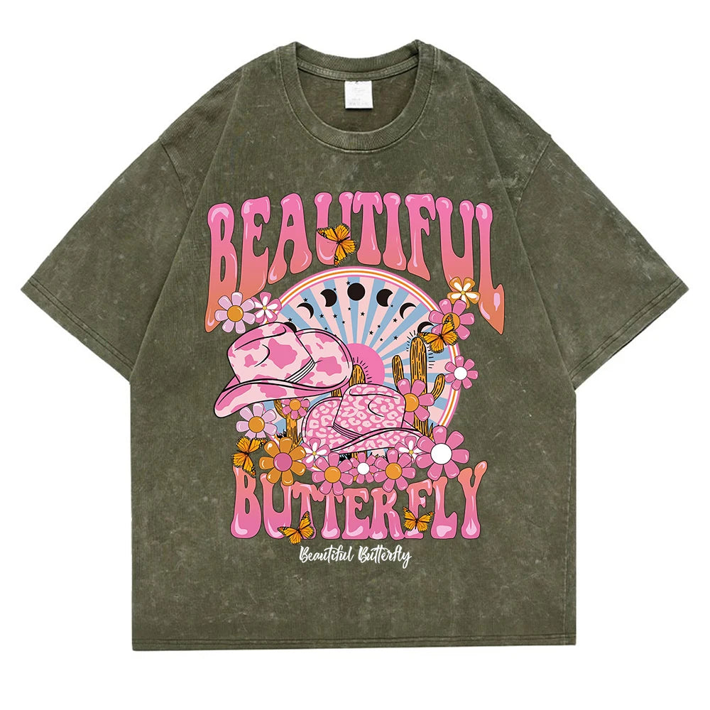 T-shirt ample en coton à manches courtes pour femmes,hommes, vêtement rétro délavé, motif monde magnifique et brillant