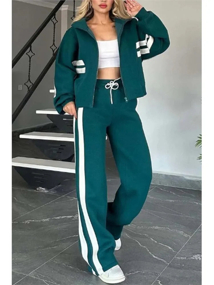Ensemble deux pièces pour femme, haut rayé à fermeture éclair, veste, cordon de serrage, pantalon large, tenue de sport décontractée, printemps et été