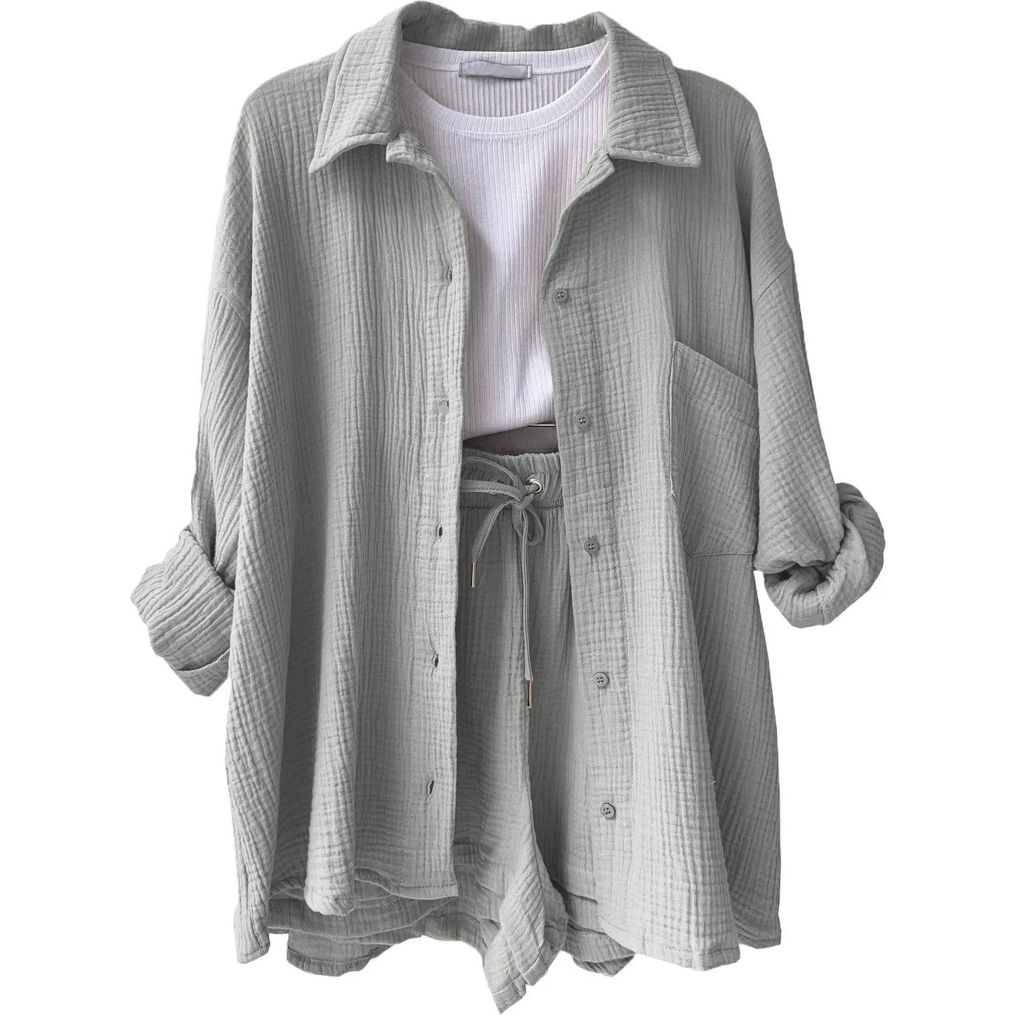 Ensemble deux pièces décontracté à manches longues et short pour femme en coton, tenue tendance à boutons, couleur unie et plissée, collection été