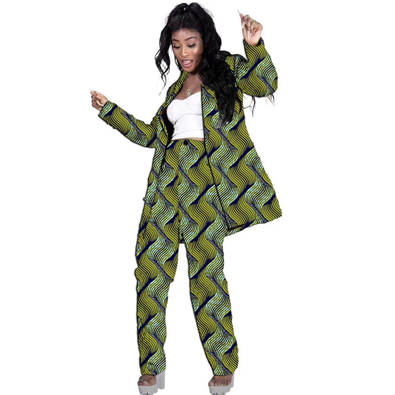 Blazers allongés style Ankara pour femmes avec pantalon, costumes de mariage/fête sur mesure, design original, imprimé africain, tenues féminines