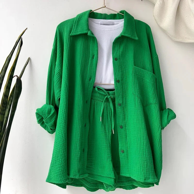 Ensemble deux pièces décontracté à manches longues et short pour femme en coton, tenue tendance à boutons, couleur unie et plissée, collection été