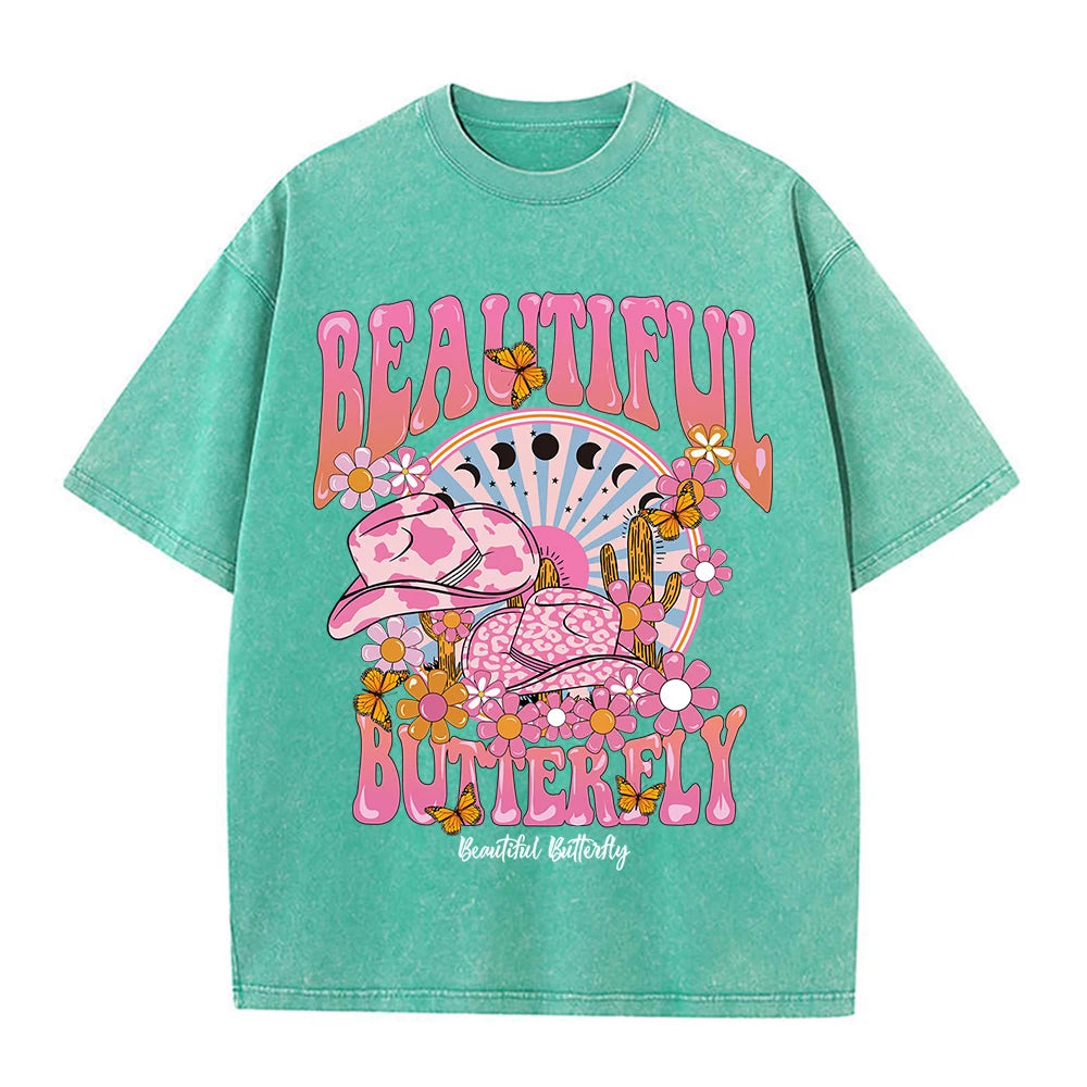 T-shirt ample en coton à manches courtes pour femmes,hommes, vêtement rétro délavé, motif monde magnifique et brillant