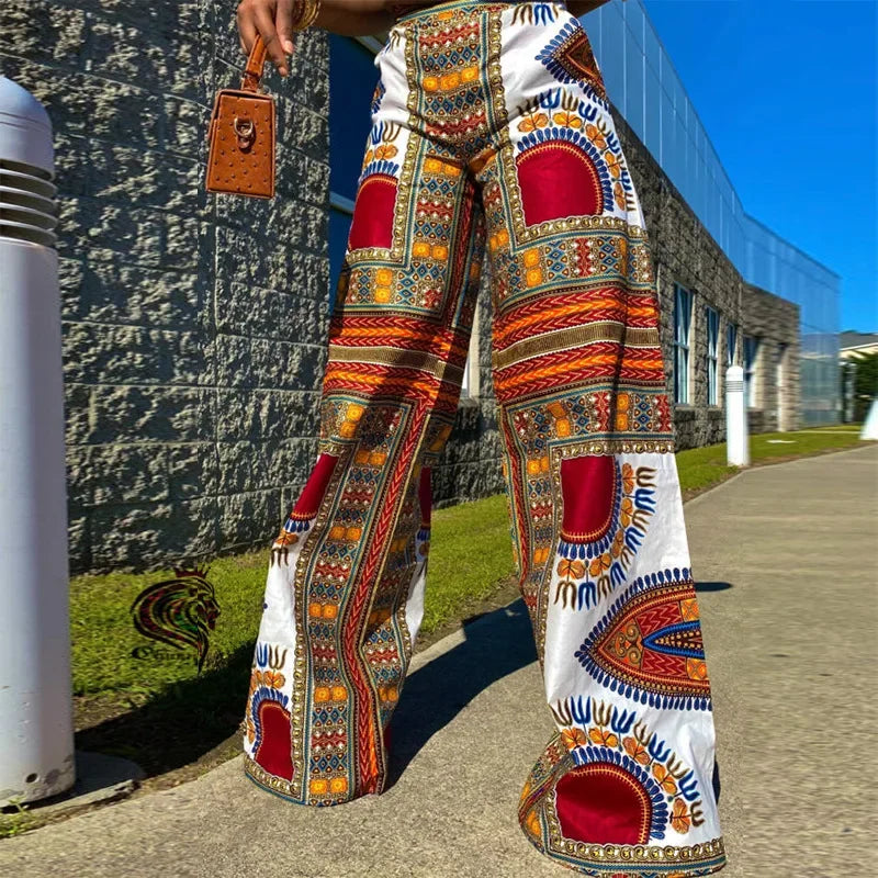 Pantalon large style bohème pour femme, taille élastique, imprimé Dashiki, style africain, décontracté, long, collection printemps-automne