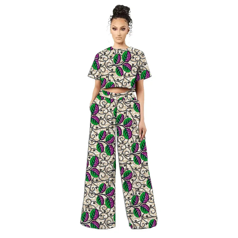 Costumes africains originaux de style rétro pour femmes, mini-hauts et pantalons larges à imprimé tissu africain, ankara style, tenue tendance pour dames, sur mesure