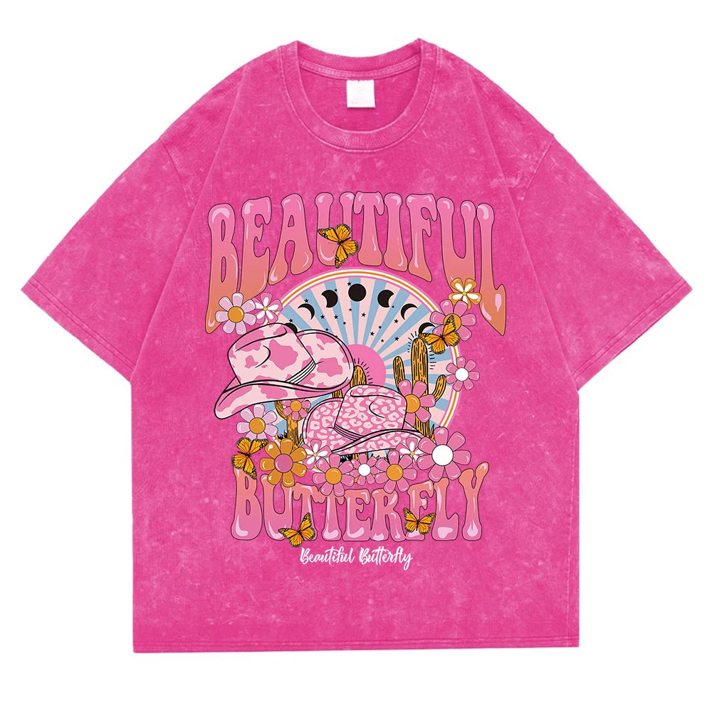 T-shirt ample en coton à manches courtes pour femmes,hommes, vêtement rétro délavé, motif monde magnifique et brillant