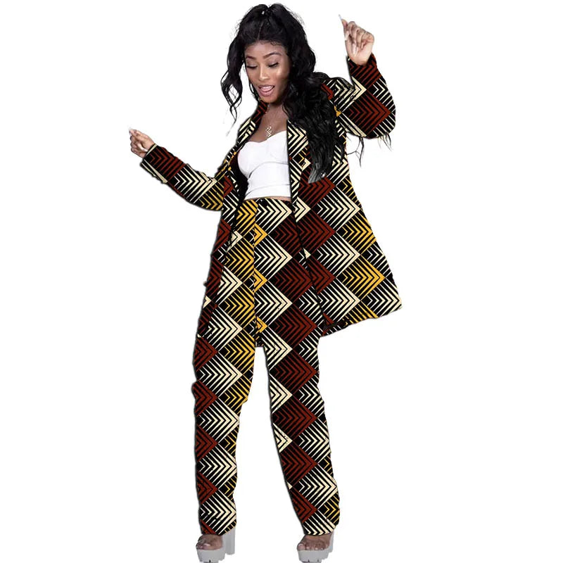 Blazers allongés style Ankara pour femmes avec pantalon, costumes de mariage/fête sur mesure, design original, imprimé africain, tenues féminines