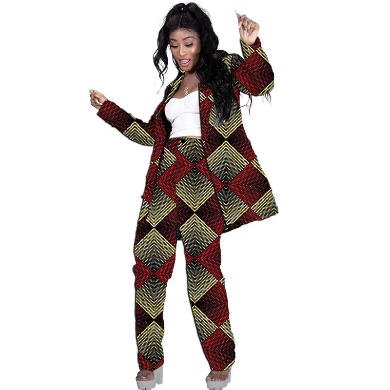 Blazers allongés style Ankara pour femmes avec pantalon, costumes de mariage/fête sur mesure, design original, imprimé africain, tenues féminines