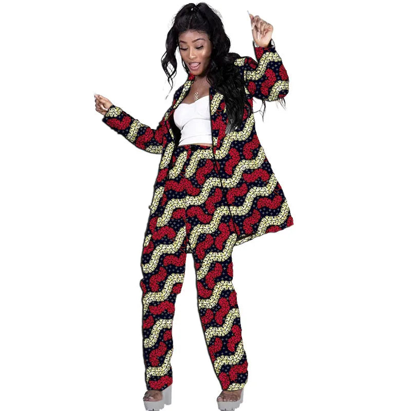 Blazers allongés style Ankara pour femmes avec pantalon, costumes de mariage/fête sur mesure, design original, imprimé africain, tenues féminines