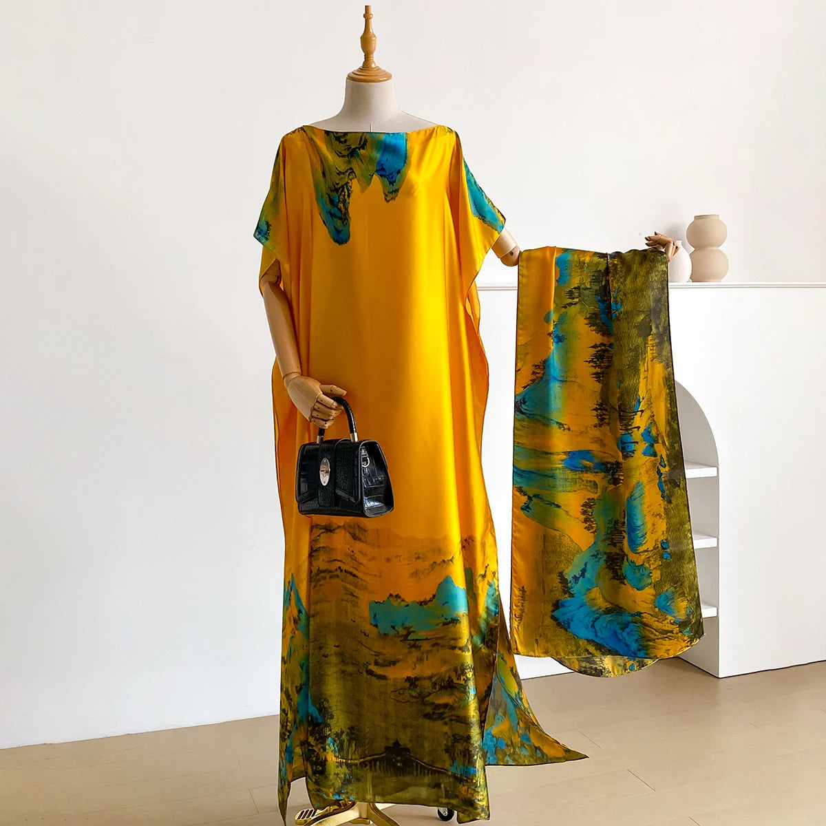 Nouvelle robe d'été Abaya africaine pour femmes, en coton, à manches courtes, imprimée, estampillée or, ample, longue, avec grand foulard