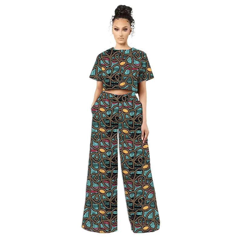 Costumes africains originaux de style rétro pour femmes, mini-hauts et pantalons larges à imprimé tissu africain, ankara style, tenue tendance pour dames, sur mesure