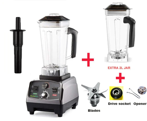 Mixeur-blender professionnel 3 CV 2200 W avec minuterie, extracteur de jus, robot culinaire et machine à smoothies, sans BPA, bol de 2 L