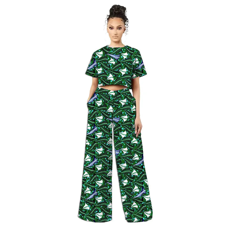 Costumes africains originaux de style rétro pour femmes, mini-hauts et pantalons larges à imprimé tissu africain, ankara style, tenue tendance pour dames, sur mesure