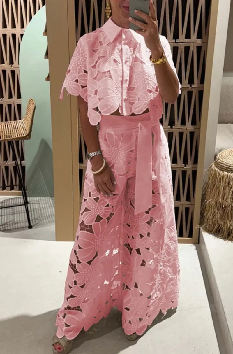 Ensemble 2 pièces sexy à revers et pantalon large pour femme, couleur unie, élégant, décontracté, ajouré
