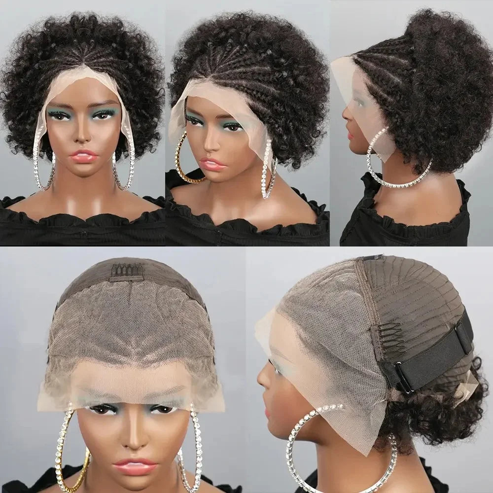 Perruques Afro Kinky Curly Braid Cheveux Humains 13x4 HD Lace Front Sans Colle Coupe Pixie Pré-Fabriquée Tressée Cornrow Perruque Afro Puff Pour Femmes