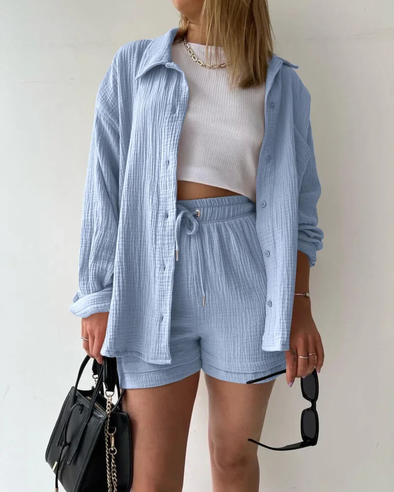 Ensemble deux pièces décontracté à manches longues et short pour femme en coton, tenue tendance à boutons, couleur unie et plissée, collection été