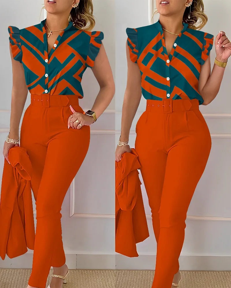 Ensemble pantalon taille haute à imprimé floral pour femme, manches en feuille de lotus, ceinture à la taille, ensemble deux pièces à col en V pour femme, ensemble de costume de travail
