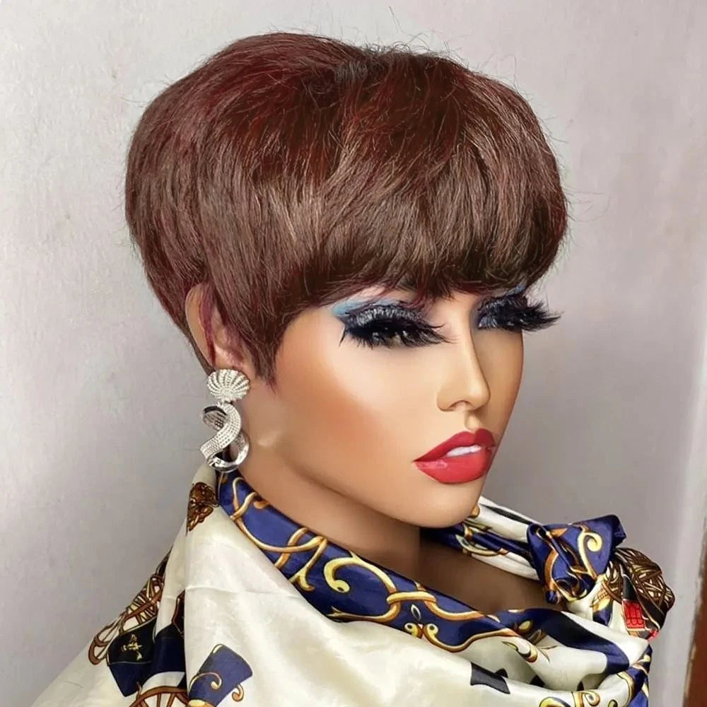 Perruque courte brune coupe Pixie, cheveux humains pour femmes noires, perruques fabriquées à la machine avec frange, perruque brésilienne colorée, perruques en cheveux humains