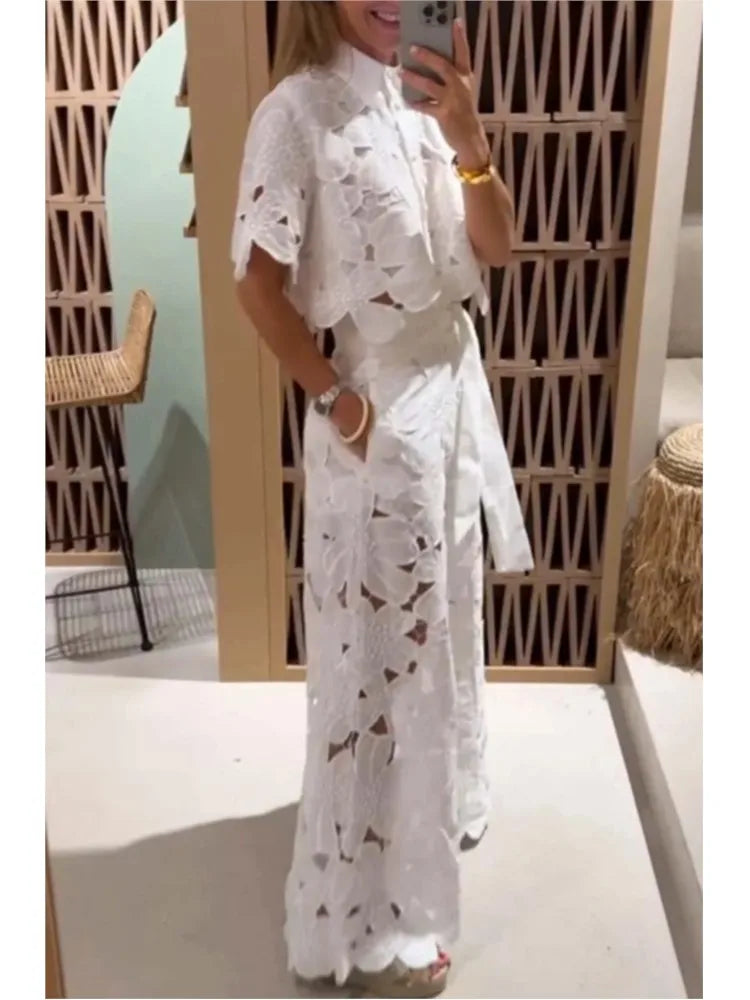 Ensemble 2 pièces sexy à revers et pantalon large pour femme, couleur unie, élégant, décontracté, ajouré