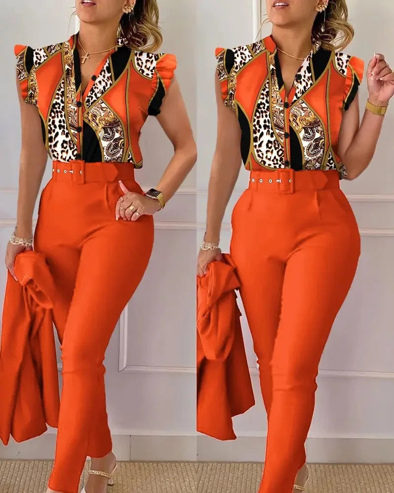 Ensemble pantalon taille haute à imprimé floral pour femme, manches en feuille de lotus, ceinture à la taille, ensemble deux pièces à col en V pour femme, ensemble de costume de travail