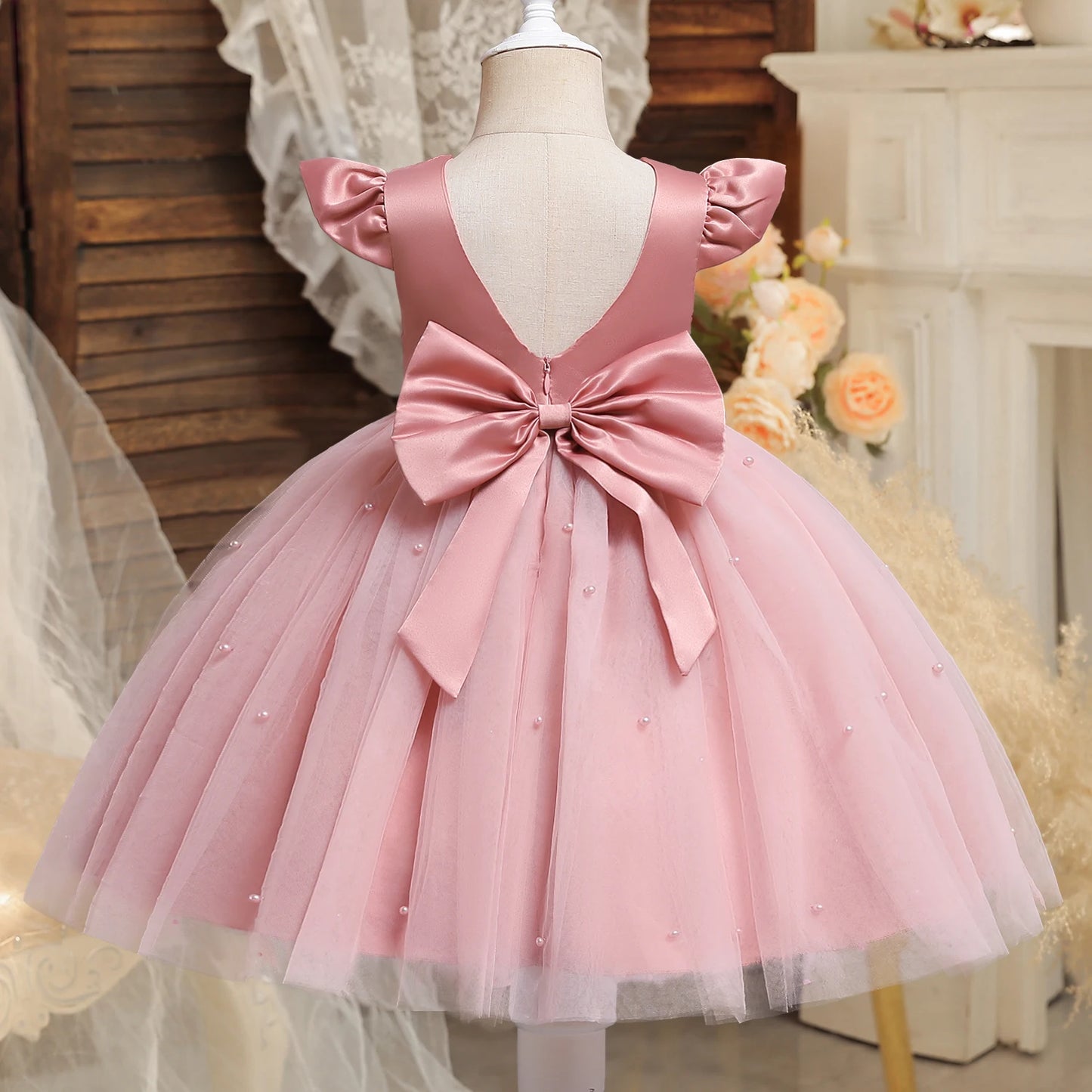 Robe de princesse rouge de Noël pour petite fille, tenue mignonne pour premier anniversaire, tutu, dos nu, nœud, perles, costume de Noël