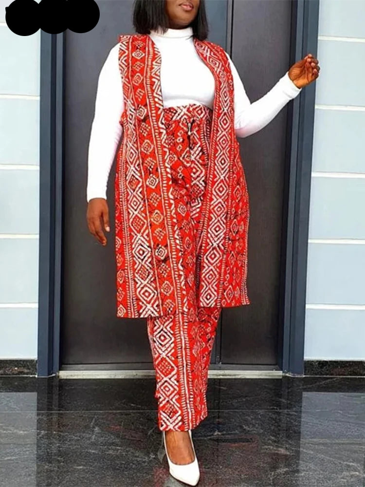 Ensemble pantalon large élégant pour femme, haut vintage sans manches, imprimé bohème, deux pièces