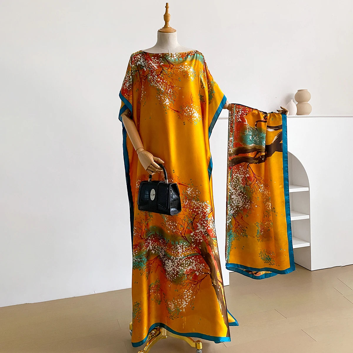 Nouvelle robe d'été Abaya africaine pour femmes, en coton, à manches courtes, imprimée, estampillée or, ample, longue, avec grand foulard