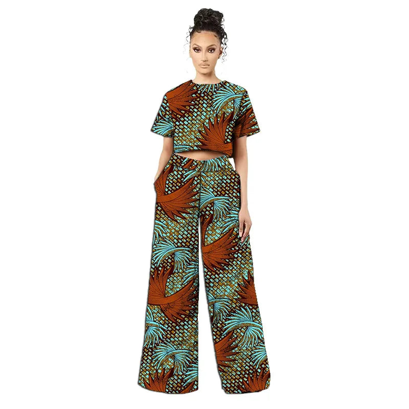 Costumes africains originaux de style rétro pour femmes, mini-hauts et pantalons larges à imprimé tissu africain, ankara style, tenue tendance pour dames, sur mesure