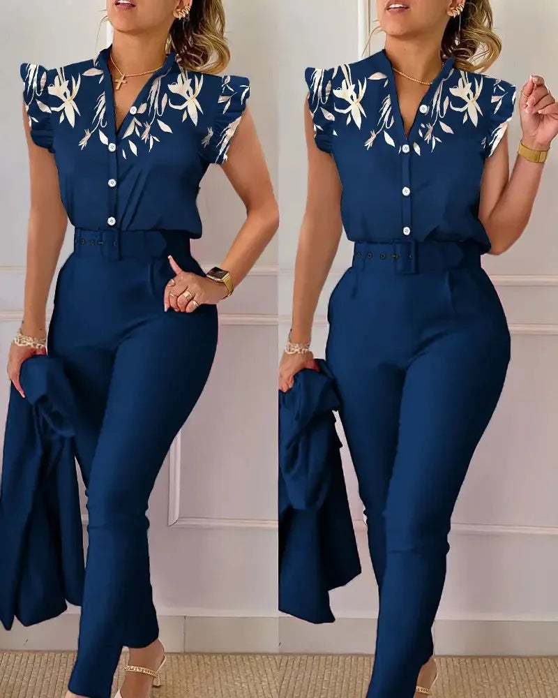 Ensemble pantalon taille haute à imprimé floral pour femme, manches en feuille de lotus, ceinture à la taille, ensemble deux pièces à col en V pour femme, ensemble de costume de travail
