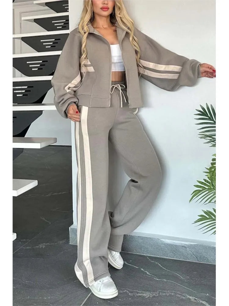 Ensemble deux pièces pour femme, haut rayé à fermeture éclair, veste, cordon de serrage, pantalon large, tenue de sport décontractée, printemps et été