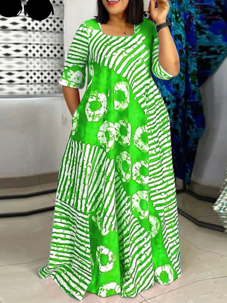 Robe longue d’été grande taille pour femme, tenue de soirée, style bohème, imprimée, style plage, manches mi-longues, décontractée, ample, 2025