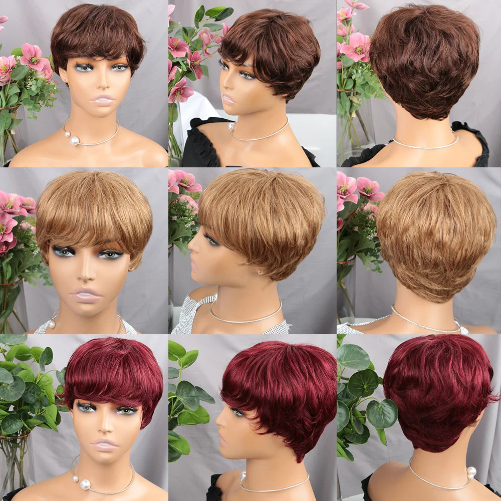 Perruque courte brune coupe Pixie, cheveux humains pour femmes noires, perruques fabriquées à la machine avec frange, perruque brésilienne colorée, perruques en cheveux humains