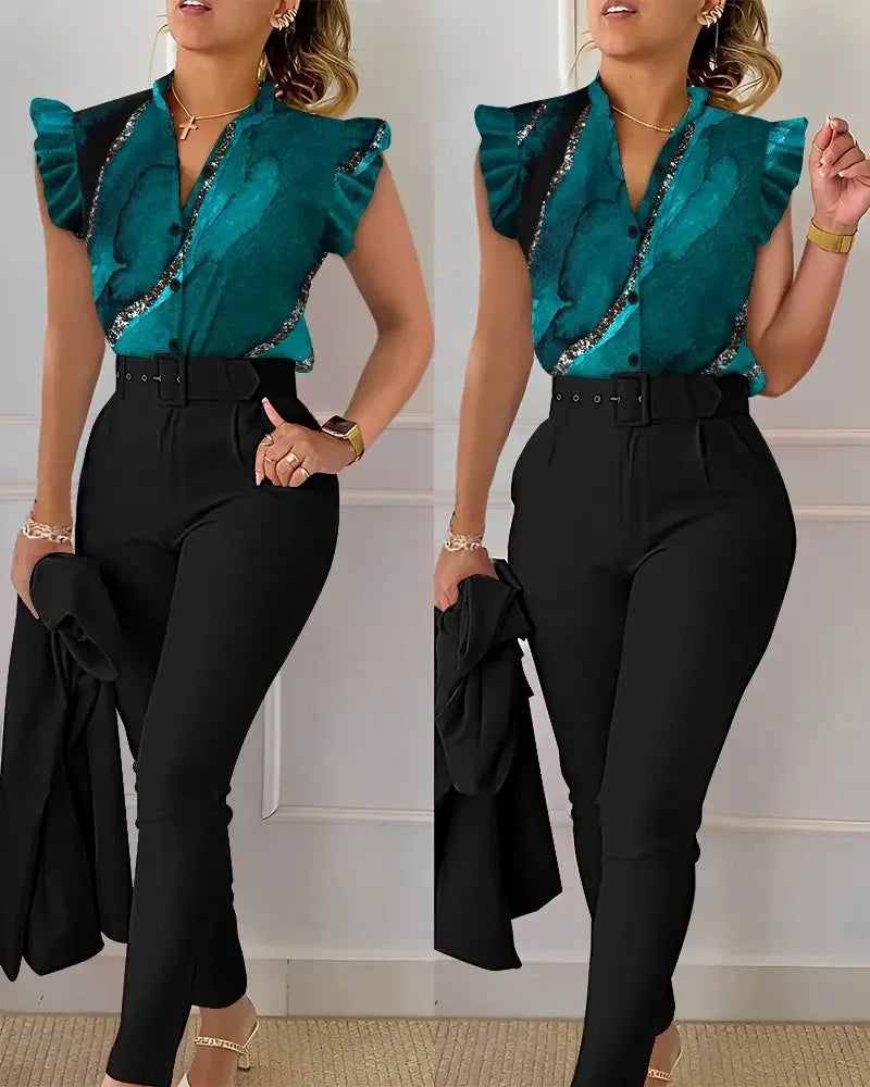Ensemble pantalon taille haute à imprimé floral pour femme, manches en feuille de lotus, ceinture à la taille, ensemble deux pièces à col en V pour femme, ensemble de costume de travail