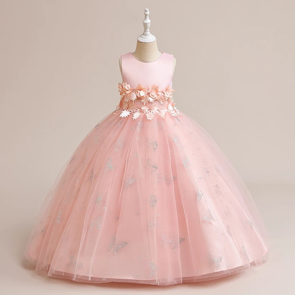 Robe d'été rose longue pour filles, tenue de demoiselle d'honneur, tenue de princesse pour enfants, tenue de cérémonie ou de mariage