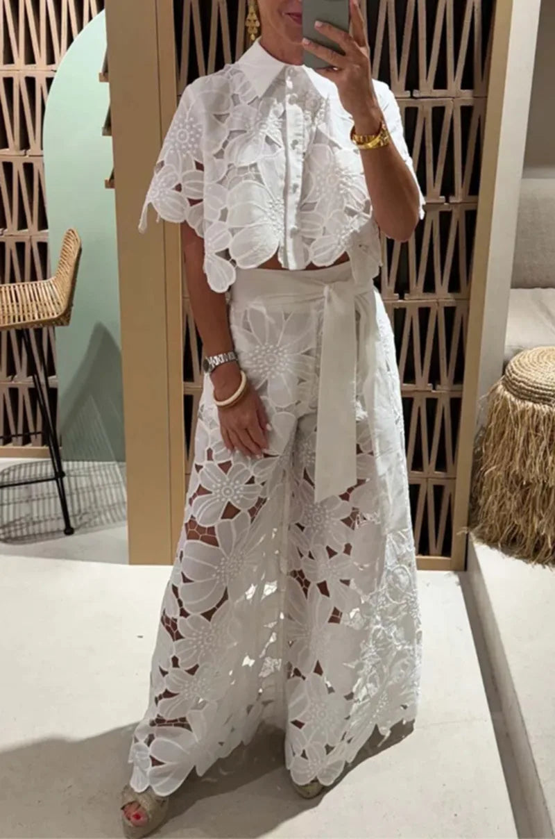 Ensemble 2 pièces sexy à revers et pantalon large pour femme, couleur unie, élégant, décontracté, ajouré