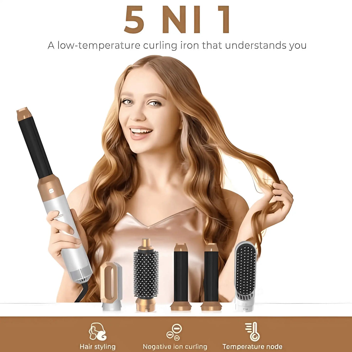 Sèche-cheveux 5 en 1, peigne à air chaud pour boucler, lisser et donner du volume aux cheveux, avec accessoires amovibles