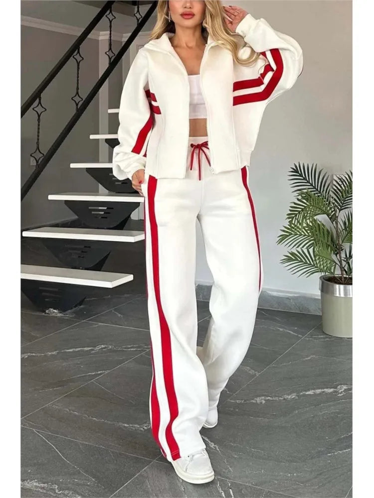 Ensemble deux pièces pour femme, haut rayé à fermeture éclair, veste, cordon de serrage, pantalon large, tenue de sport décontractée, printemps et été