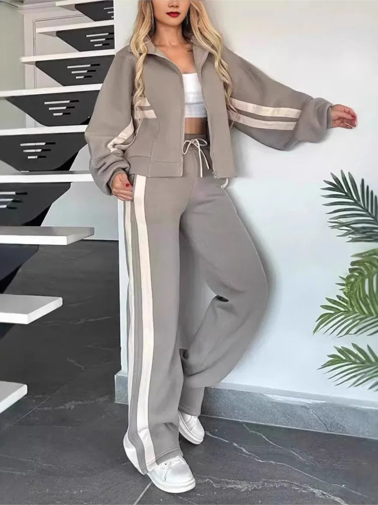 Ensemble deux pièces pour femme, haut rayé à fermeture éclair, veste, cordon de serrage, pantalon large, tenue de sport décontractée, printemps et été