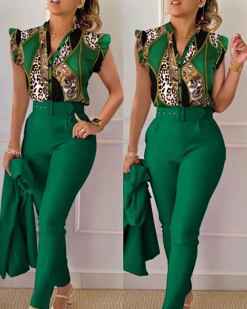 Ensemble pantalon taille haute à imprimé floral pour femme, manches en feuille de lotus, ceinture à la taille, ensemble deux pièces à col en V pour femme, ensemble de costume de travail