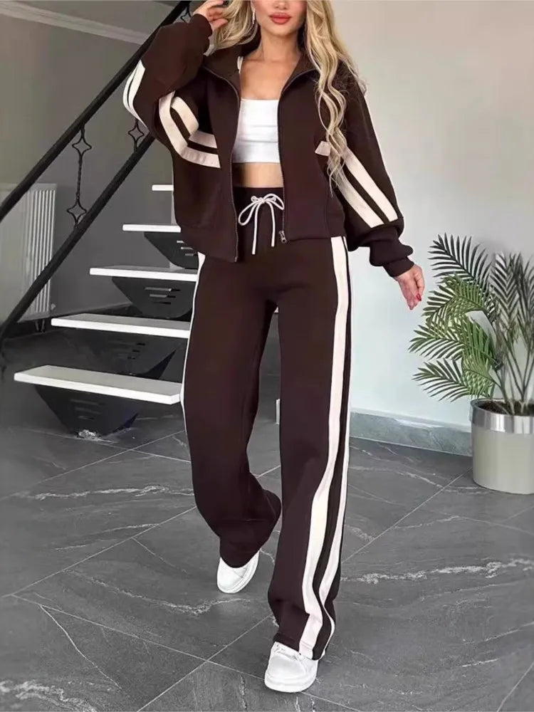 Ensemble deux pièces pour femme, haut rayé à fermeture éclair, veste, cordon de serrage, pantalon large, tenue de sport décontractée, printemps et été