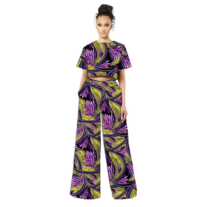 Costumes africains originaux de style rétro pour femmes, mini-hauts et pantalons larges à imprimé tissu africain, ankara style, tenue tendance pour dames, sur mesure