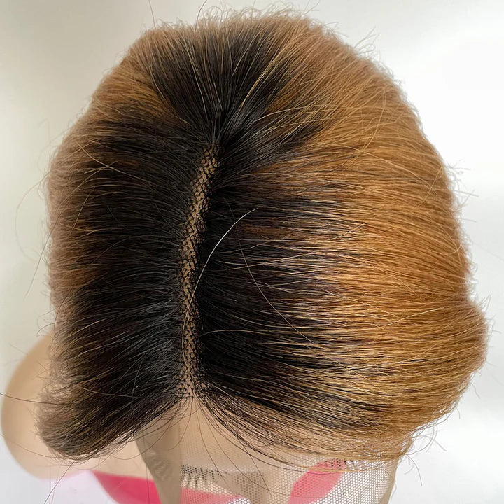 perruque brésilienne pixie cut bob wig t-part lace color 1b/30 remy rawhair