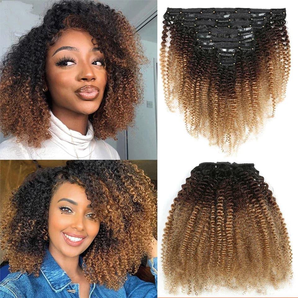 mèches mongolienne afro kinky clip in hair color 1B/4/27 extensions à clips de couleur blond miel