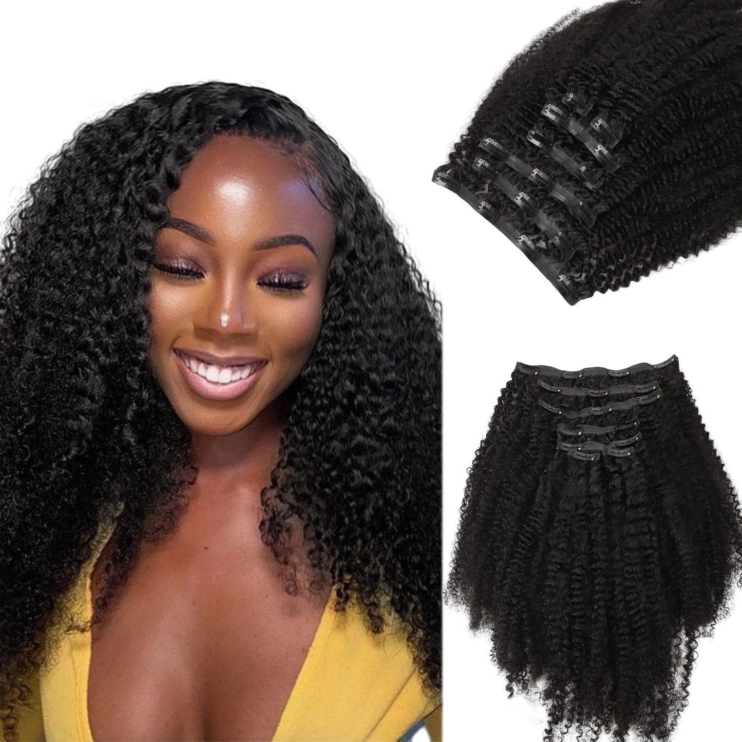 afro kinky curly clip in hair mèches extensions à clips naturelles taille 14 16 et 18 , 20 pouces cheuveux mongolien 100% naturels