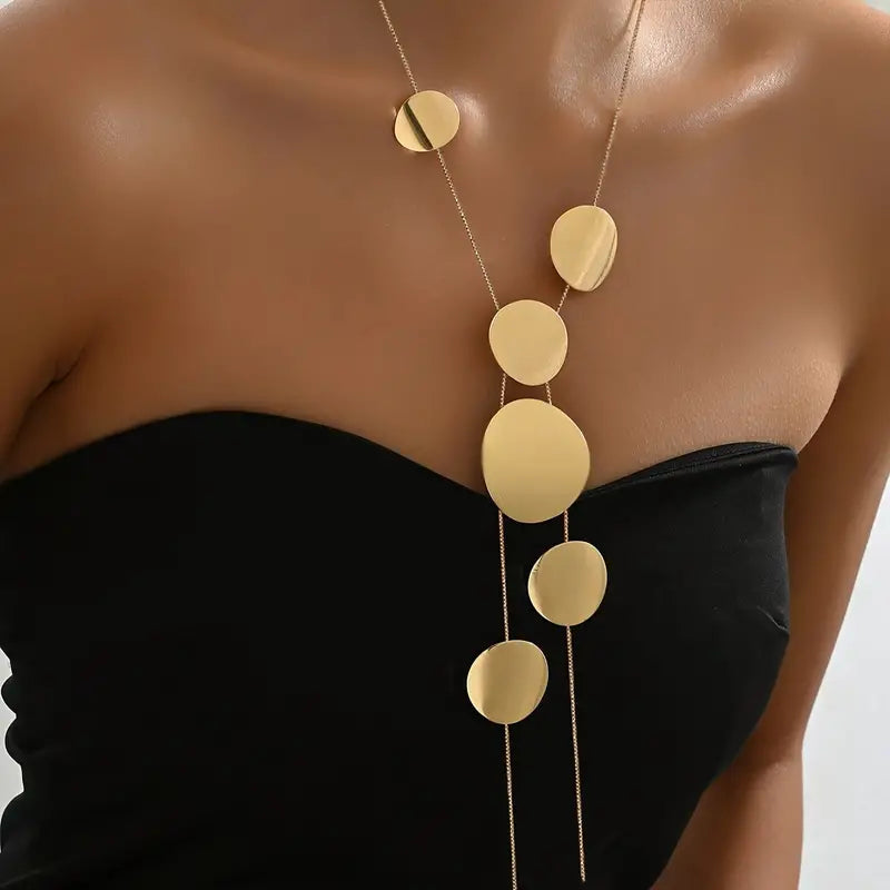 ensemble collier pendentif long et boucle d'oreilles rond pour femme couleur or