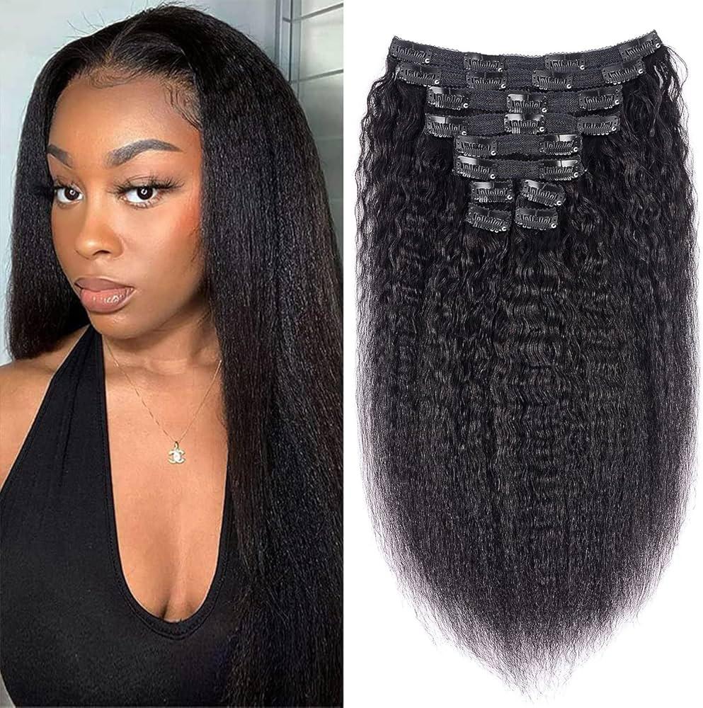 extensions à clips de type kinky straight style afro, mèches lisses avec clips cheveux 100% naturels
